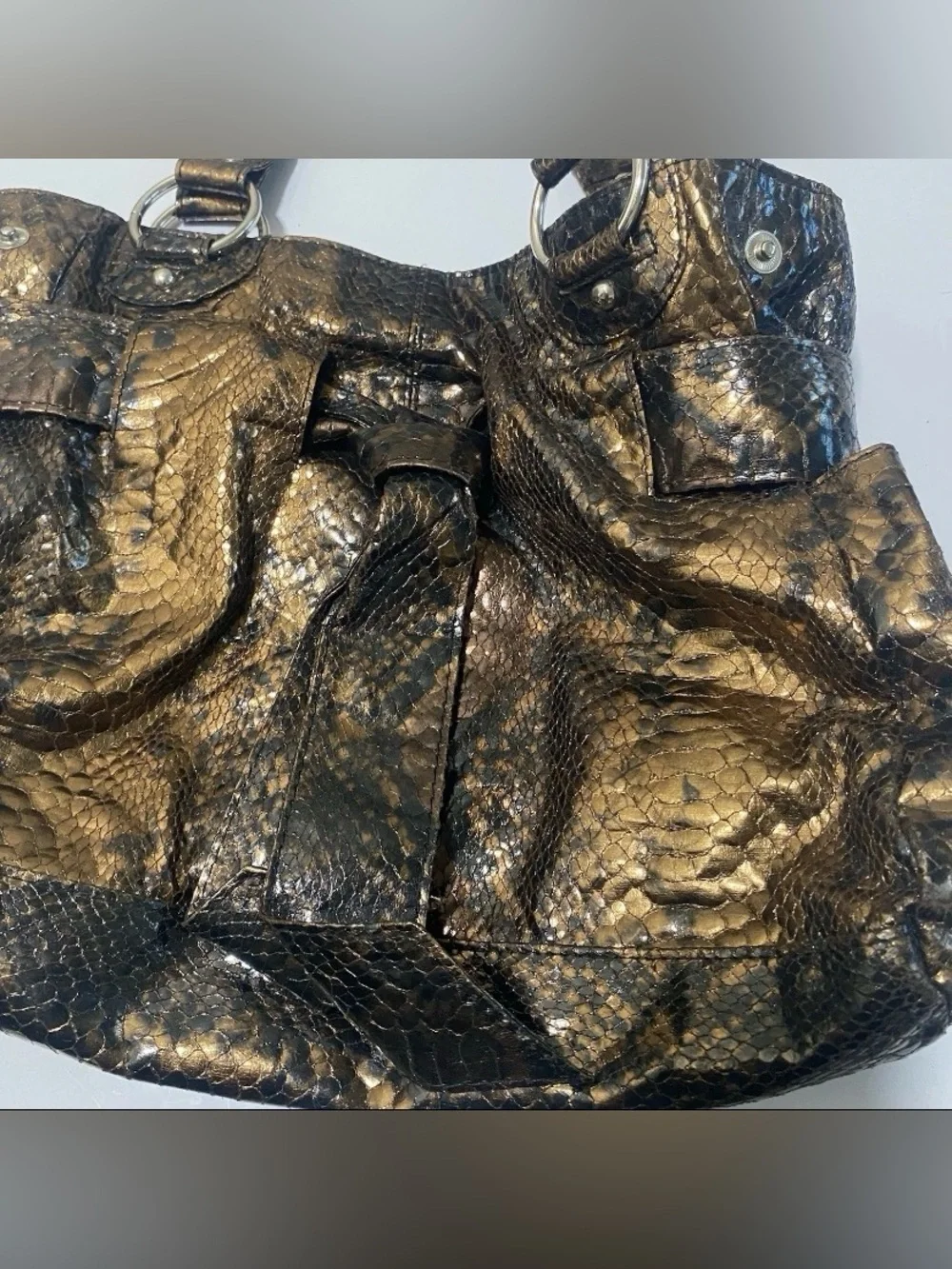 Y2K Chateau Metallic Bronze Snakeskin Print Hobo Shoulder Bag